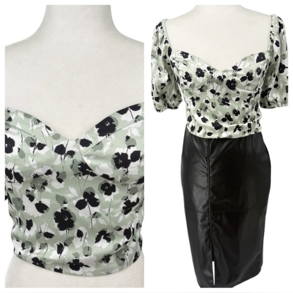 Pretty Princess Floral Puff Sleeve Top - Green and Black